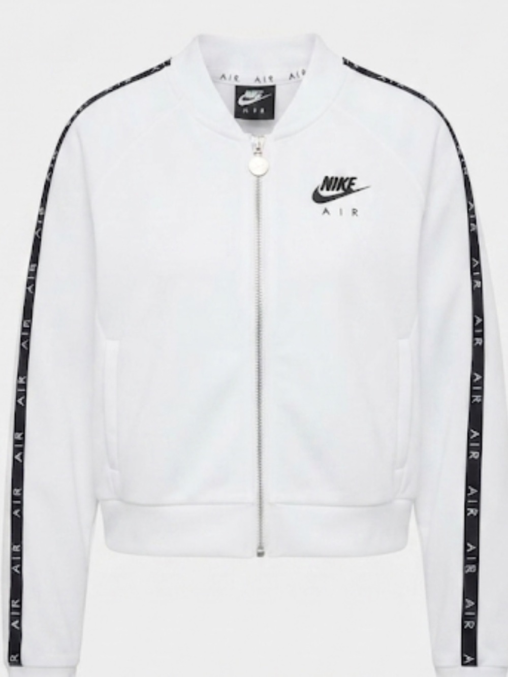 Nike White Women's Zip Bomber Jacket with Black Sleeve logo
